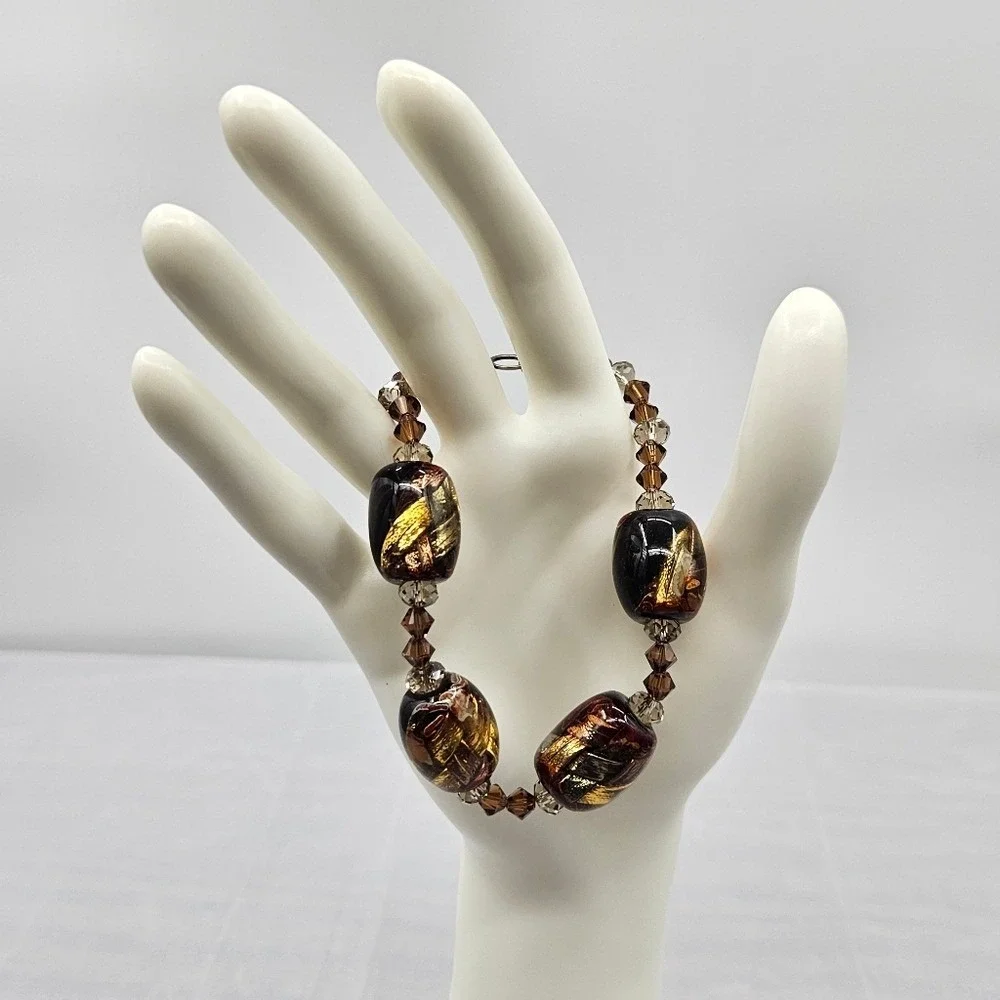 Murano Style Art Glass Bracelet Black Brown Gold Sparkle‎ Accents Beads